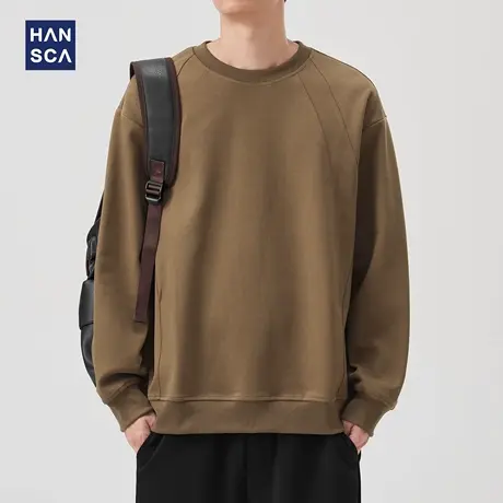 hansca斜纹肌理感插肩袖套头卫衣男2025秋季380g重磅复古拼接上衣商品大图