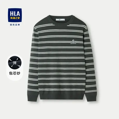 HLA/海澜之家休闲圆领长袖针织衫23秋冬新款条纹绣花加厚套头衫男商品大图