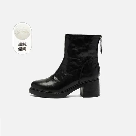 奥莱专供Nine West/玖熙毛里短靴女黑色圆头高跟时装靴女保暖女靴图片