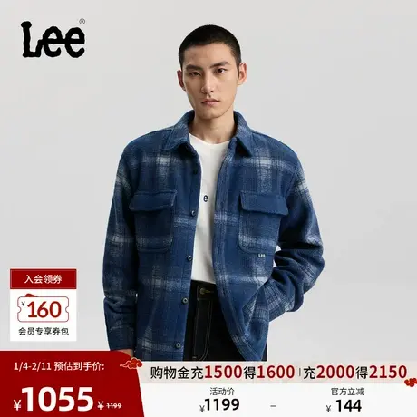 Lee商场同款25秋冬新舒适版翻领小Logo磨毛格子藏青色男长袖衬衫图片