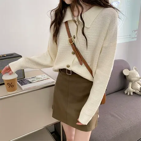 唐狮秋冬温柔风翻领显瘦针织开衫女春秋外套高级感小个子毛衣tu图片