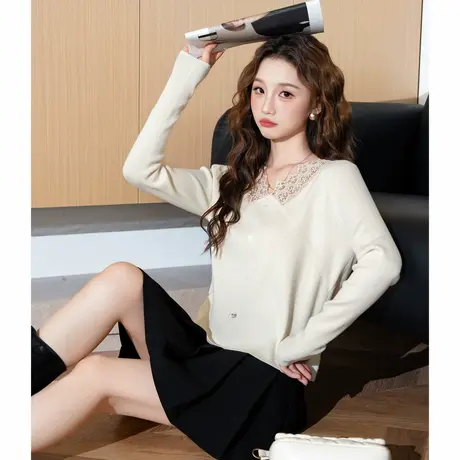 唐狮春秋季新款女毛织蕾丝拼接净色打底衫小众设计感短款内搭TE商品大图