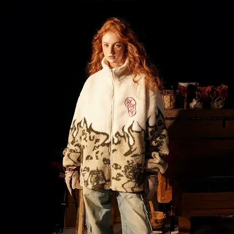 潮牌复古立领棉服女加厚冬天羊羔毛外套2023年新款情侣装宽松棉衣图片