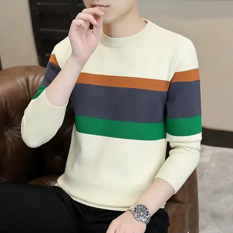男士毛衣秋冬季个性条纹针织衫潮牌软糯毛衫青少年保暖上衣服线衣商品大图