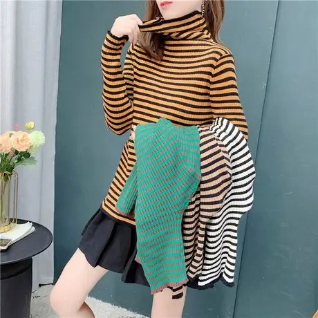 高领毛衣女秋冬新款韩版修身内搭打底衫长袖条纹拼色堆堆领针织衫商品大图