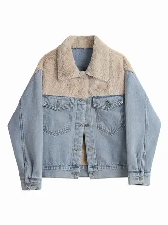 设计感拼接加厚牛仔外套女宽松秋冬百搭复古仿羊羔毛兔绒短款棉衣商品大图