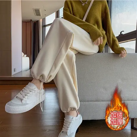 加绒运动休闲裤女秋冬季韩版宽松高腰显瘦灯芯绒加厚阔腿拖地长裤图片