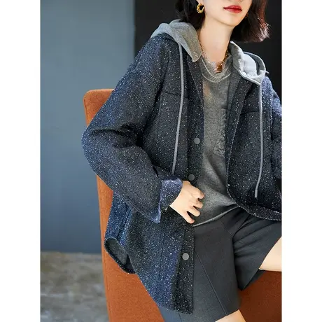 宝诗黎拼接连帽宽松牛仔短外套女2023秋冬季新款韩版洋气休闲上衣图片