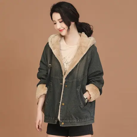 新品8.5折】复古加绒连帽牛仔外套宽松时尚加厚保暖上衣图片