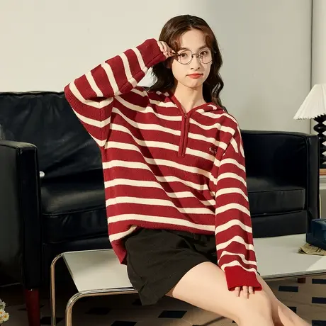 唐狮女连帽半开胸条纹毛衣秋冬学院风红色针织毛线衫毛衣外套软糯商品大图