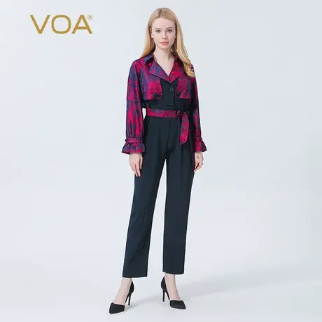 VOA真丝36姆米弹力重绉蓝色印花撞料拼接两粒扣阔腿桑蚕丝连体裤商品大图