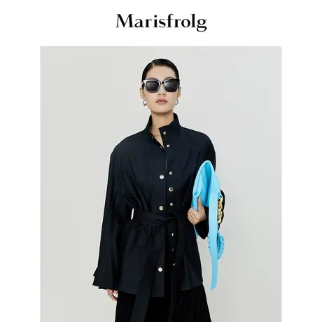 【精简美学】玛丝菲尔时尚气质翻领收腰金属扣显瘦黑色衬衫外套女商品大图