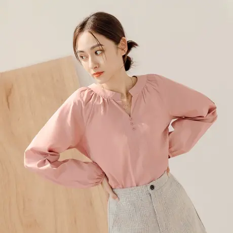 桔熊春秋季新中式复古小衫V领泡泡长袖纯色舒适上衣女大码AB17574图片
