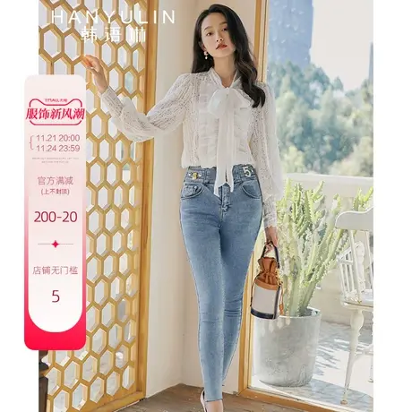 韩语琳2022秋装新款时尚百搭拼接高腰弹性修身小脚锥形牛仔裤女商品大图