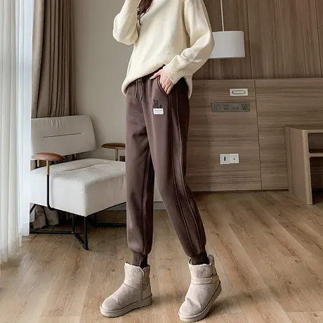 咖色运动裤女加绒束脚2024春秋季新款高腰宽松显瘦休闲卫裤哈伦裤商品大图