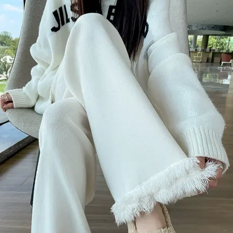 加厚针织微喇裤女春秋新款高腰显瘦休闲垂感设计感毛边拖地马蹄裤图片