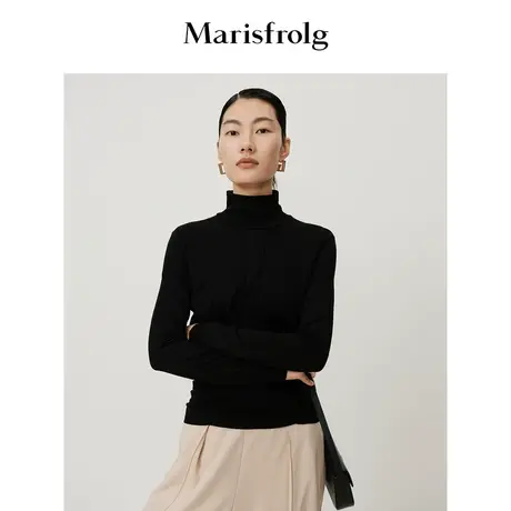 【美利奴羊毛】玛丝菲尔毛衣冬季新款黑色羊毛修身针织T恤商品大图