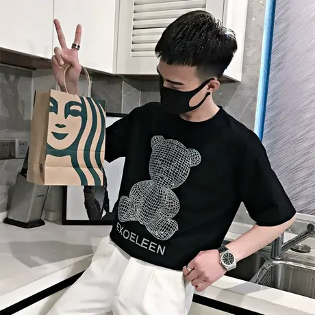 短袖男潮牌简约百搭夏季网红t恤ins超火潮流半袖衣服宽松小熊体恤商品大图