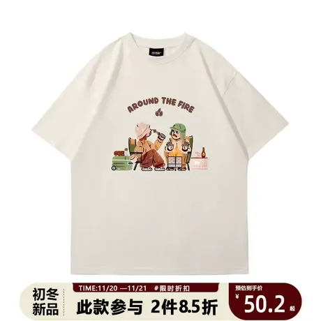 韩系卡通户外露营印花重磅T恤女法式盐系ins小众纯棉半袖上衣服图片