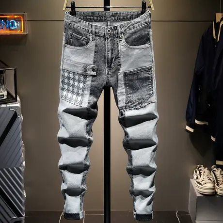 春夏款时尚潮牌乞丐牛仔裤男拼接补丁男士韩版潮流显瘦裤子男灰色商品大图