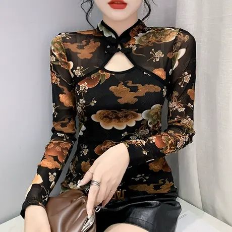 复古民族风女装性感镂空网纱上衣印花气质T恤长袖别致盘扣打底衫商品大图