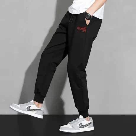 春秋季休闲裤运动长裤子男中国潮流加绒抽绳束脚小脚九分黑色卫裤图片