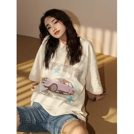 YEP美式复古汽车短袖t恤女夏季2025新款oversize宽松纯棉半袖ins图片