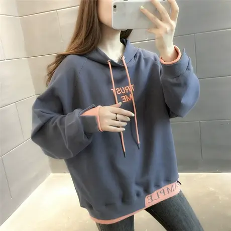 假两件刺绣连帽卫衣女士上衣2023年新款秋冬拼接外套女韩版宽松潮商品大图