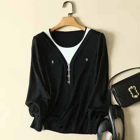 春装2024年新款雪纺袖冰丝针织假两件套宽松上衣洋气蕾丝打底衫女图片