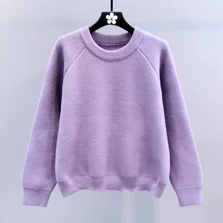 高级感紫色圆领套头毛衣女秋冬2023新款宽松慵懒风加厚打底针织衫图片