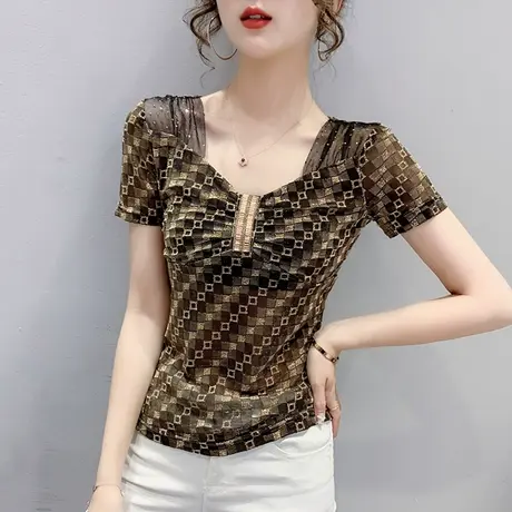 性感V领T恤女短袖夏潮时尚亮丝网纱上衣高档洋气修身百搭小衫女装图片