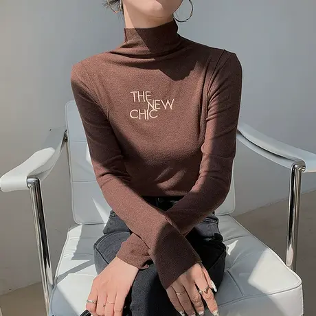 加厚双面德绒上衣女洋气内搭半高领打底衫秋冬气质刺绣T恤长袖女商品大图