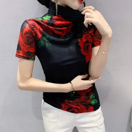 网纱高领T恤女短袖早秋洋气小衫漂亮复古印花修身显瘦百搭上衣ins商品大图