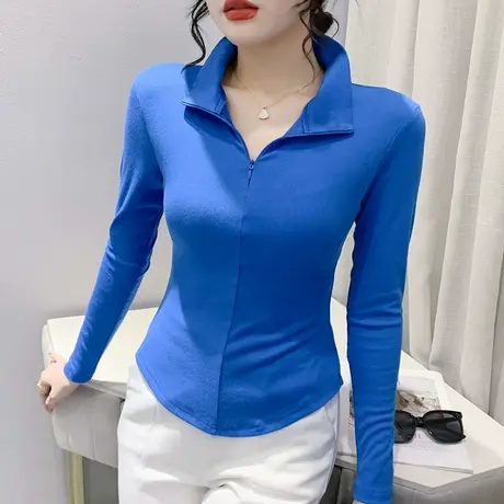 欧货不规则下摆T恤女长袖初秋新款设计感拉链上衣收腰百搭打底衫商品大图