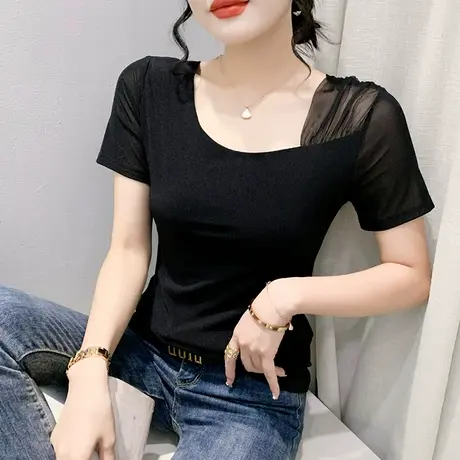 网纱拼接T恤女短袖性感镂空露锁骨上衣夏季新款时尚洋气修身上衣商品大图