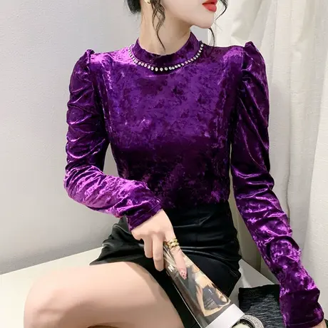 欧货复古烫钻拼接T恤女长袖性感泡泡袖褶皱上衣洋气修身打底衫ins图片