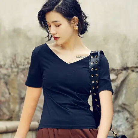 秋装2023年新款V领七分袖打底衫修身显瘦体恤韩版黑色纯棉T恤上衣图片