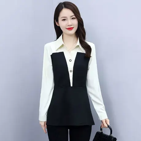 2023秋装新款假两件衬衫女气质减龄修身显瘦衬衣女胖mm遮肚子小衫商品大图
