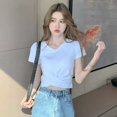 纯棉短袖t恤女2023夏季新款小个子热辣短款高腰露脐半袖纯欲上衣商品大图