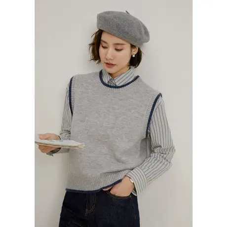 弥古灰色圆领针织马甲女春秋外穿叠穿毛衣背心秋冬无袖小坎肩马夹商品大图