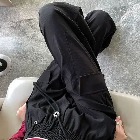 黑色美式九分工装裤女2023春秋新款高腰显瘦束脚直筒运动休闲裤子商品大图