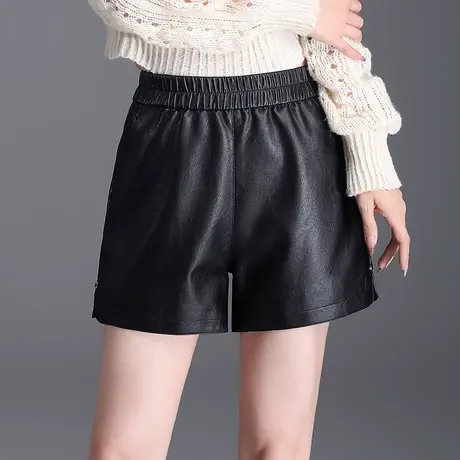 松紧腰皮裤女秋季2023新款黑色宽松阔腿裤百搭洋气PU皮短裤休闲裤商品大图