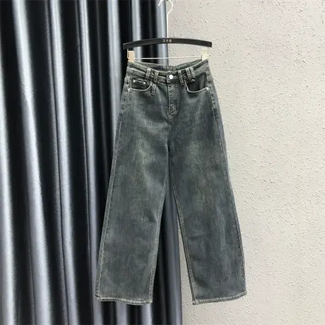 2023秋冬新款港风复古设计感休闲百搭加绒加厚阔脚牛仔直筒长裤女商品大图