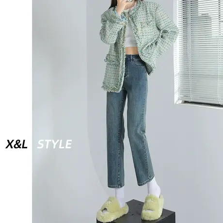 美式直筒牛仔裤女秋季2023新款小个子九分高腰显瘦弹力法棍烟管裤商品大图