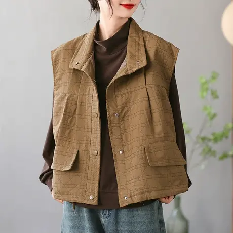 dza 复古加厚翻领格子马夹背心女士秋冬外搭叠穿上衣宽松休闲马甲图片