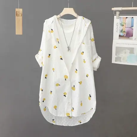 连帽防晒衫衬衫女外套水果印花图案宽松大码中长款衬衣户外防晒衣商品大图