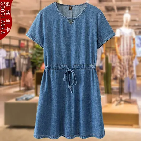 中年妈妈夏季裙子大码宽松遮肚时尚减龄气质妈妈装短袖牛仔连衣裙商品大图