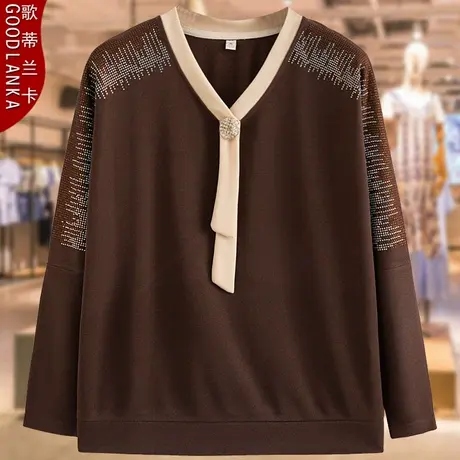 40-50岁中年胖妈妈春秋长袖T恤女大码宽松时尚镶钻减龄打底衫上衣图片