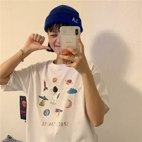 红续2020韩版新款原宿风ulzzang太空人印花宽松纯棉百搭短袖T恤女图片