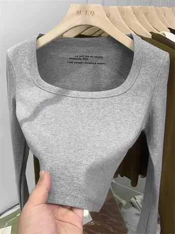 欧货锁骨方领长袖T恤女秋冬新款洋气修身内搭打底衫短款紧身上衣图片